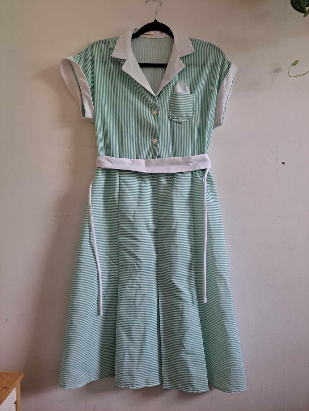 🇨Vintage Mint Green Striped Shirt Dress Made in Canada Size 9 Cottagecore Retro